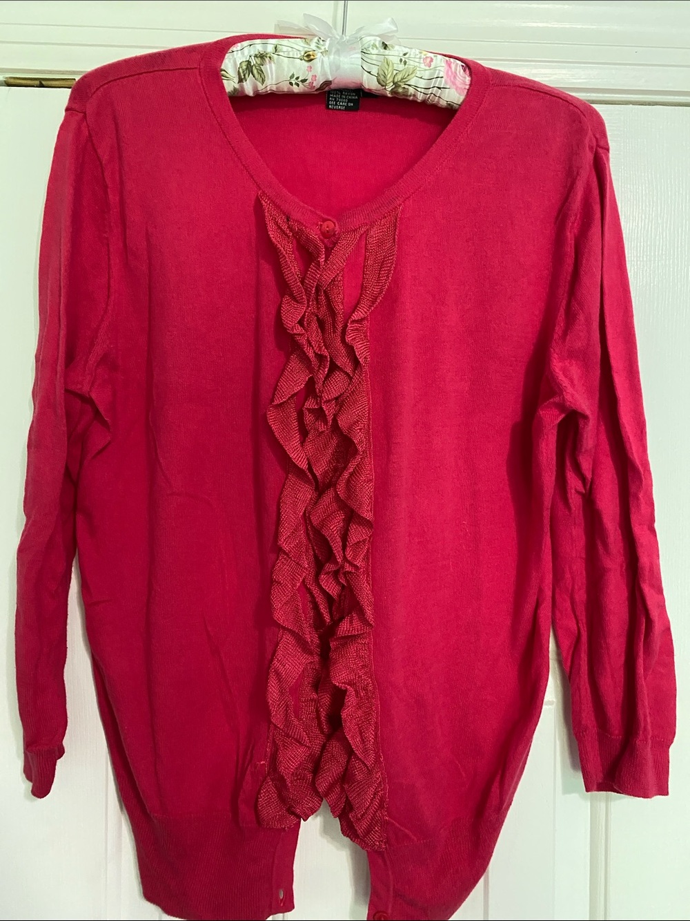 Ruffle-Front Pink Cardigan Sweater